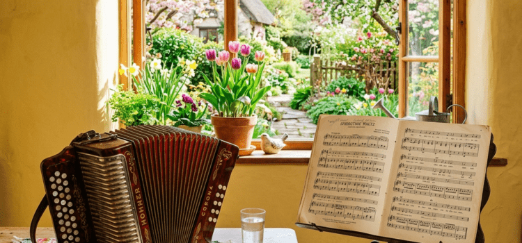 Accordion on table with sheet music stand by open window showing colorful garden