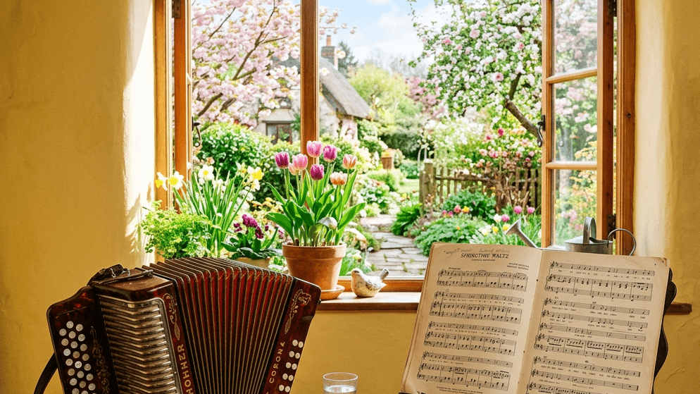 Accordion on table with sheet music stand by open window showing colorful garden